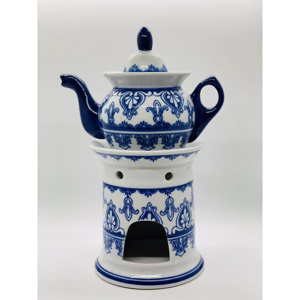 Bombay Blue/White Porcelain Single Serve Teapot With Warmer